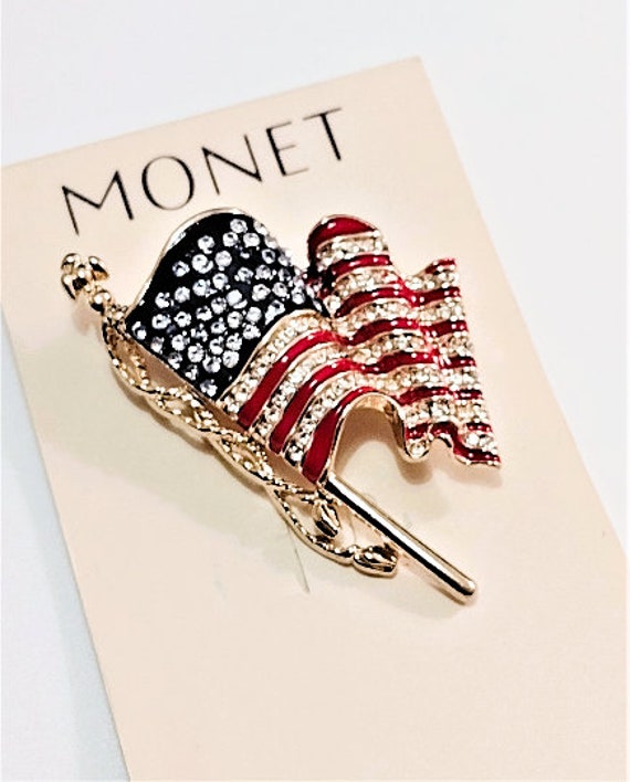 Monet American USA Patriotic Flag Pin Brooch Gold… - image 10