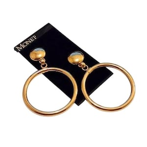 3 1/4 Inch Monet Jumbo Tube Hoops Pierced Post Earrings Gold Tone Vintage Big Extra Large Open Ring Dangles