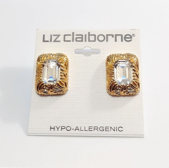 Liz Claiborne Square Crystal Clip On Earrings Gol… - image 4