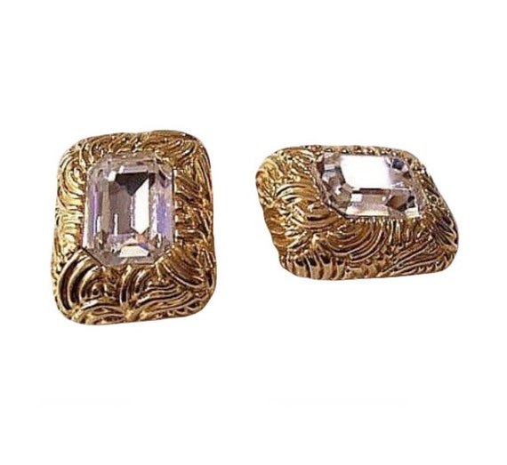 Liz Claiborne Square Crystal Clip On Earrings Gol… - image 6