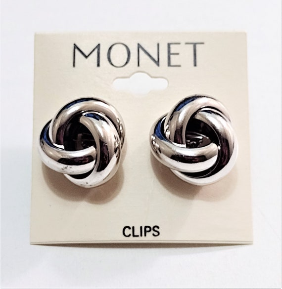 Monet Open Knot Clip On Earrings Silver Tone Plat… - image 10
