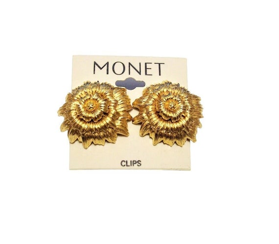 Monet Sunflower Flower Discs Clip On Earrings Gol… - image 1