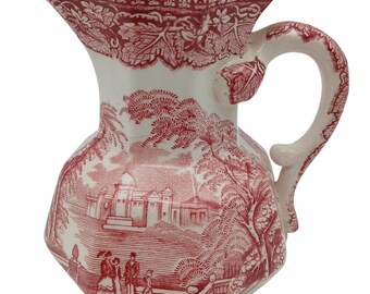 Red Transferware Creamer Mason’s Vista Ironstone Octagon Pitcher England 4.5” Cottage Decor