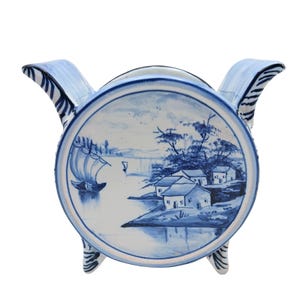 Delft Blue White Cachepot Vase Hand Painted  Faience Footed Planter Scenic River Landscape Floral Dutch Style
