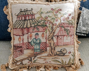 Chinoiserie Tapestry Pillow Corona Decor Pagoda Garden Scene Cotton Wool Tassel Trim Velvet Back 10x10 Accent Pillow