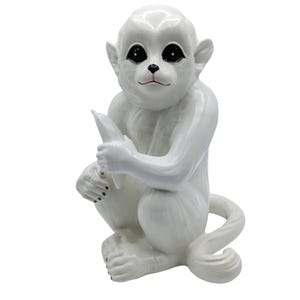 Vintage Italian Porcelain Monkey Figurine, White Glazed Ceramic, 12" Tall