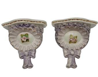 Vintage Cordey Porcelain Wall Shelves Pair Floral Bow Gilt trim Ivory Lavender 7in Display Shelves