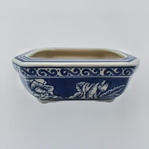 Blue White Bonsai Planter, Qianlong Style Mark, Cobalt Floral Ceramic Pot,  Rectangular Chinoiserie Cachepot 7"