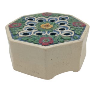Weller Pottery Flower Frog Vase Florala Style Octagon Floral Ceramic Vintage Art Pottery Bud Vase Holder