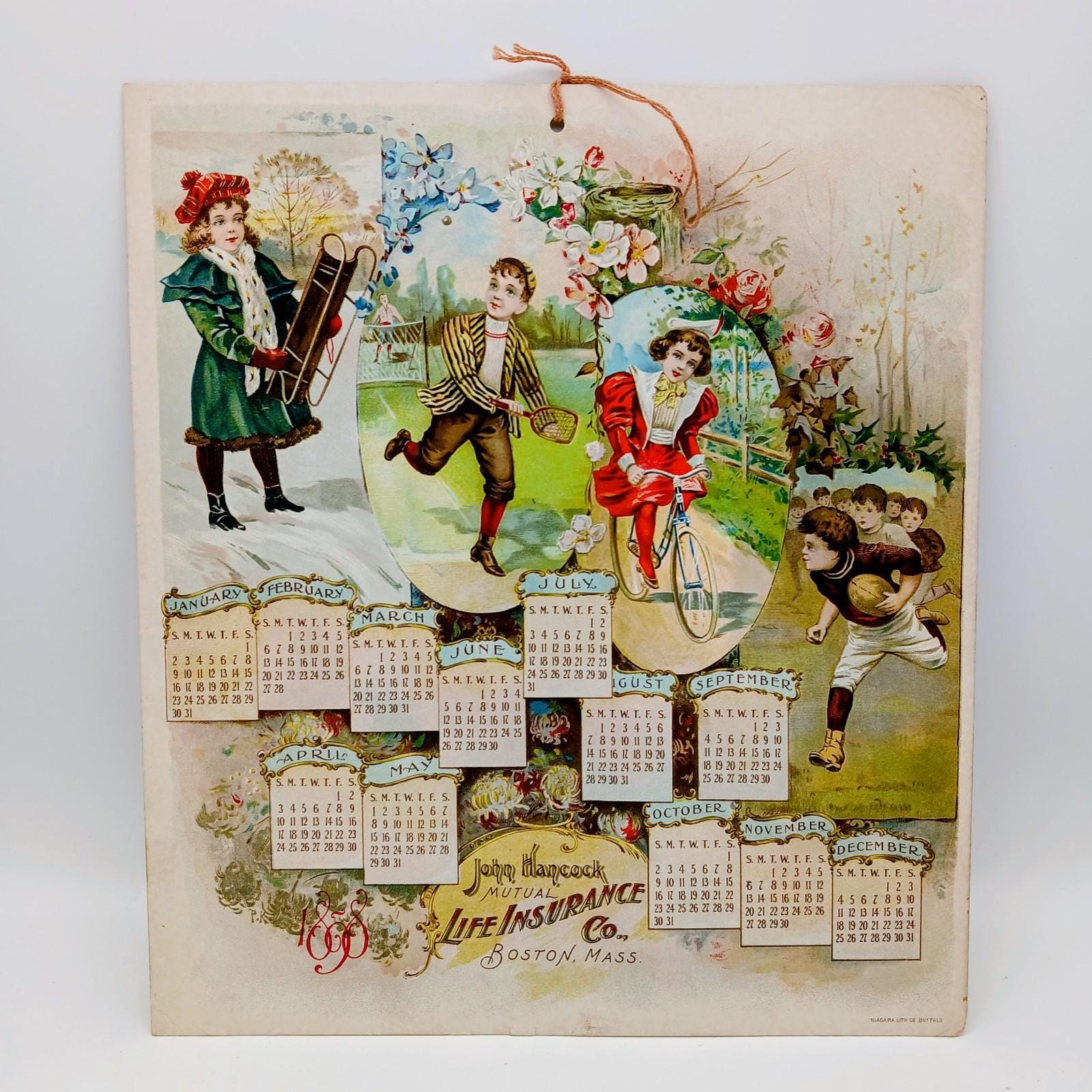 フランス アンティーク カレンダー 1898年 少女 お花