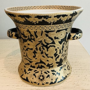 Vintage Black and Gold Chinoiserie Style Ceramic Cachepot Planter Jardiniere  with Handles