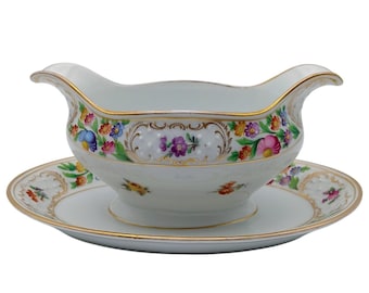 Vintage Schumann Bavaria Gravy Boat with Underplate Dresdner Art Floral Porcelain Gold Trim