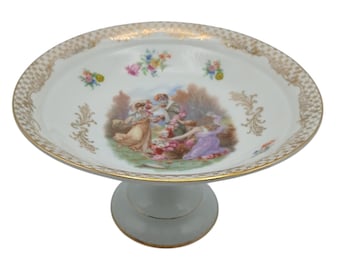Vintage CICO Bavaria Pedestal Bowl German Porcelain Compote Romantic Courting Scene Gold Gilt Floral Centerpiece