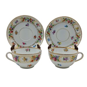 Schumann Dresdner Art Flat Teacup Cup & Saucer Set Pair Floral Gold Porcelain Bavaria
