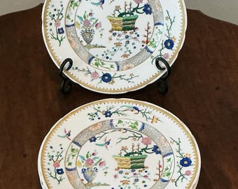 Juego de 4 platos de porcelana chinoiserie vintage pintados a mano, jarrón de cesta con pájaros de 23 cm.