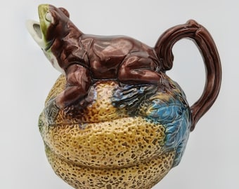 Majolica Frog Cantaloupe Pitcher Vintage Figural Ceramic Jug Multicolor Pottery Cottage Kitchen Decor