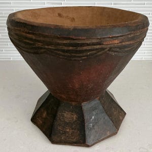 Antique Tribal Grain Stomper Hand Carved Wooden Mortar Pedestal Bowl 9&quot;x9&quot;