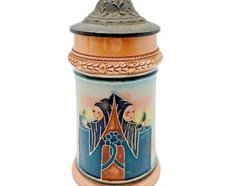 Antique German Beer Stein Gustav M Thurnauer Munich Child Munchner Kindl Stoneware  1/8L Stin Pewter Lid 4.5"