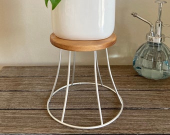 Industrial Style Plant Stand - Upcycled Metallic Silver Metal Base with Warm Brown Pine Wood Round Top - Small Size - 4 1/2" H x 4 7/8" W
