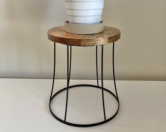 Industrial Style Plant Stand - Upcycled Glossy Black Metal Base with Natural Teak Wood Round Top - Large Size - 8 5/8" H x 8" W