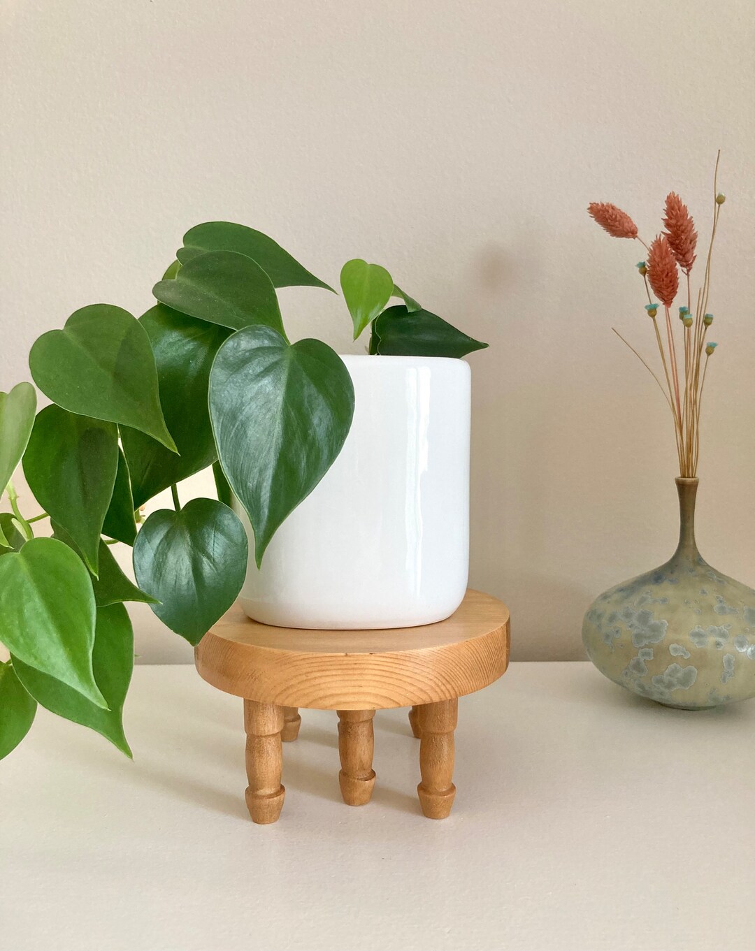 Modern Style Plant Stand, Upcycled 6 Wood Peg Base & Wood Top, Table