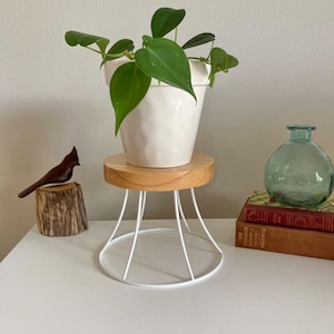 Plant Stand with Glossy White Metal Base and Solid Pine Wood Top, Table Top Plant Stand, Indoor Plant Stand, Upcycled Plant Décor