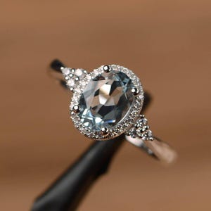 natural aquamarine wedding ring halo engagement ring oval cut sterling silver March birthstone