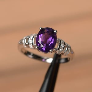 natural amethyst ring February birthstone ring oval cut purple gems sterling silver anniversary ring