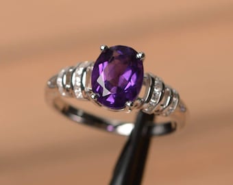 natuurlijke amethist ring februari geboortesteenring ovaal geslepen paarse edelstenen sterlingzilveren jubileumring