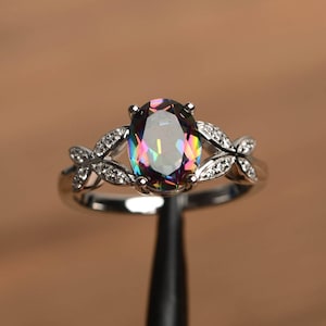 mystic topaz ring rainbow topaz ring cocktail party ring oval cut rainbow gemstone sterling silver butterfly shape rings