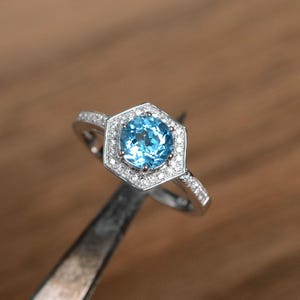 Swiss blue topaz halo ring  round shaped blue stone promise ring November birthstone