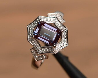 cocktail party ring alexandrite ring June birthstone emerald cut color changing gemstone sterling silver