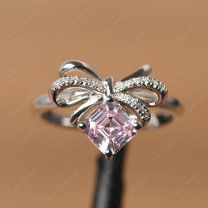 personalization art deco ring sterling silver pink cz ring asscher cut bowknot ring