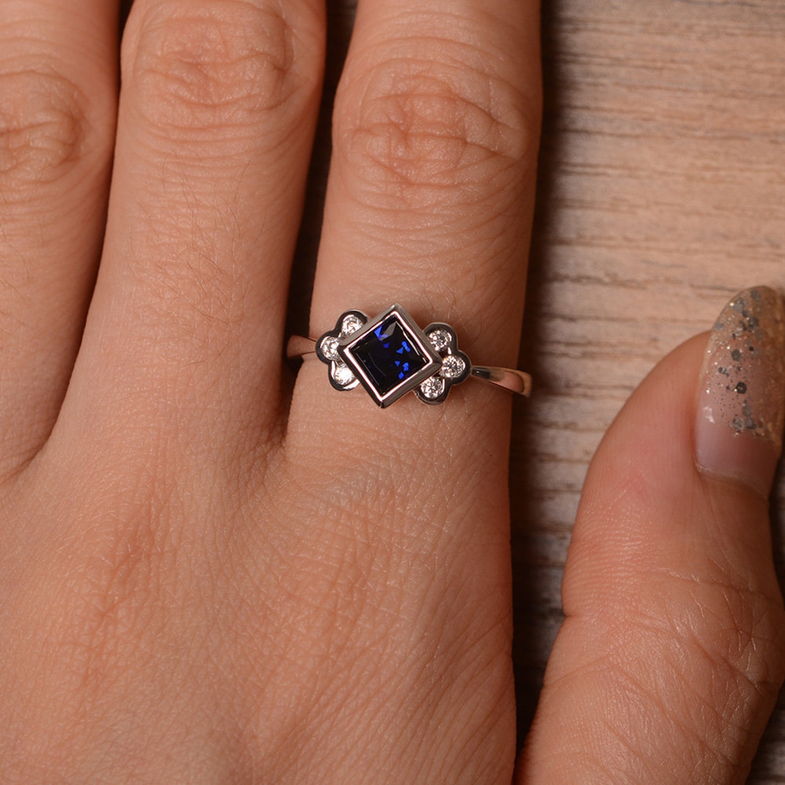 Bezel Setting Sapphire Promise Ring Princess Cut Blue Stone Etsy