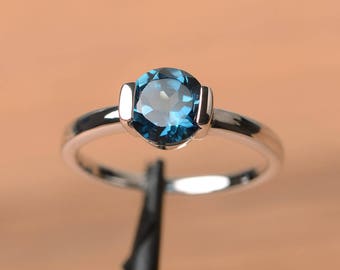 London blue topaz ring engagement ring blue gemstone sterling silver ring solitaire ring