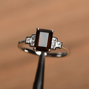 smoky quartz cocktail ring emerald cut brown gemstone sterling silver engagement ring