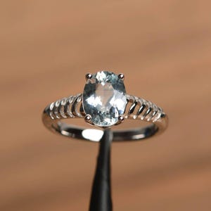aquamarine ring March birthstone oval cut sterling silver solitaire engagement ring