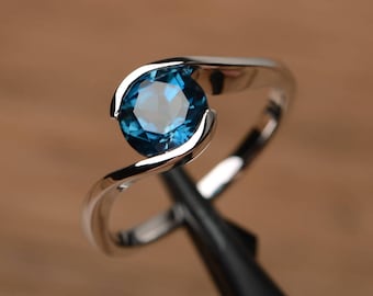 London blue topaz ring wedding engagement romantic ring round cut sterling silver ring blue gemstone ring