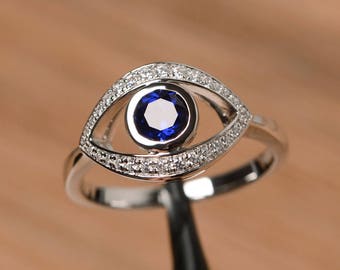 September birthstone lab blue sapphire ring wedding ring solid sterling silver ring round cut evil eye blue gemstone ring
