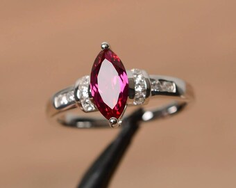 red ruby ring ruby cocktail party ring July birthstone marquise cut red gemstone sterling silver ring