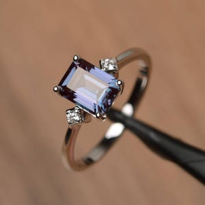 emerald cut alexandrite promise ring rectangle color changing gemstone 14k white gold ring June birthstone