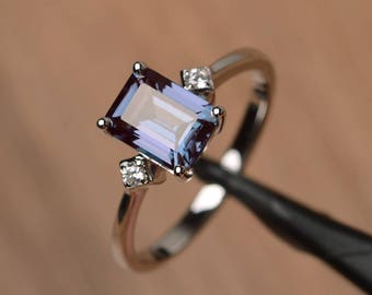 emerald cut alexandrite promise ring rectangle color changing gemstone 14k white gold ring June birthstone