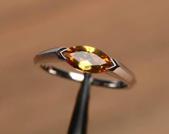 anel de coquetel de citrino amarelo natural, corte marquise, anel horizontal, pedra de nascimento de novembro, prata esterlina