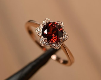 14k rose gold garnet engagement ring round cut January birthstone floral ring for women