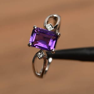 natural purple amethyst ring February birthstone emerald cut sterling silver engagement ring