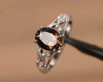 本物の天然スモーキークォーツリング、アニバーサリーエンゲージリング、オーバルカットスターリングシルバーリング、宝石リング