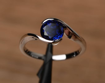 lab sapphire ring promise engagement ring round cut sterling silver ring solitaire blue September birthstone gemstone ring