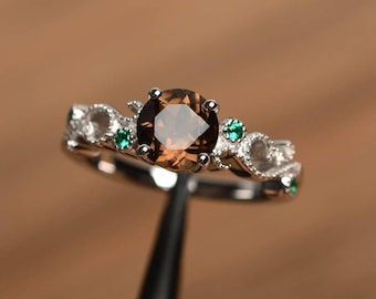 smoky quartz ring round cut brown gemstone sterling silver vintage ring