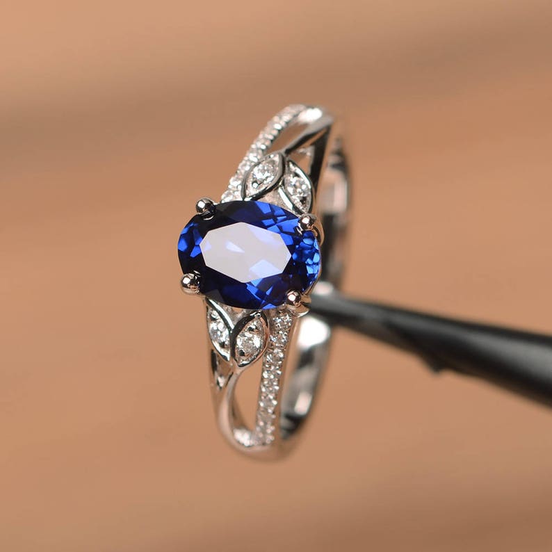 sapphire twig engagement ring  oval cut September birthstone solid silver leaf ring 