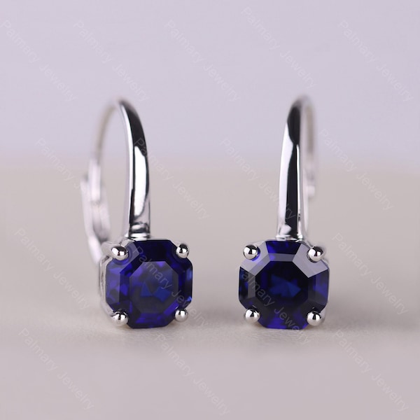 Customized sapphire earrings for women sterling silver hoop octagon cut blue gemstone September birthstone earrings